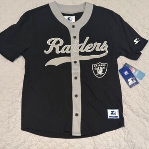 STARTER Black and Gray Raiders Button Up Baseball Style Jersey NWT M/L